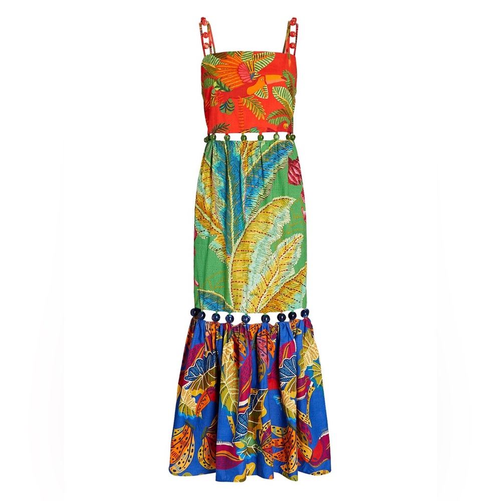 Farm Rio beaded tiered maxi mixed tropical dress parrot palm leaves Size XL BNWT
